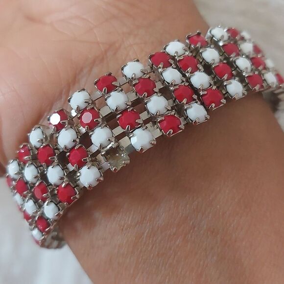 Vintage Red White Prong Set Plastic Rhinestone Hinged Cuff Bracelet - Picture 3 of 7